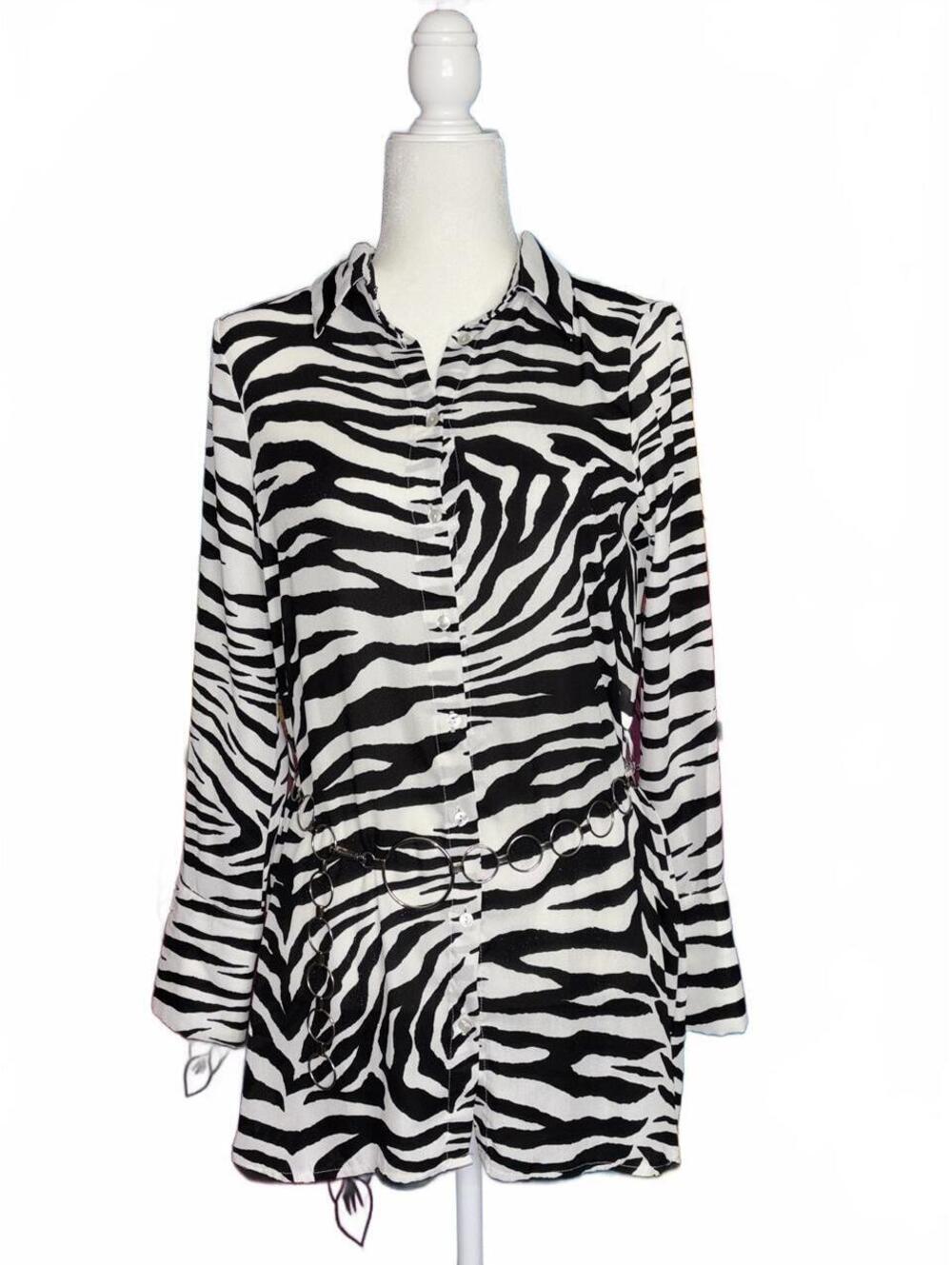 Birgi black & white zebra print button up shirt dress with tie waist, size 4